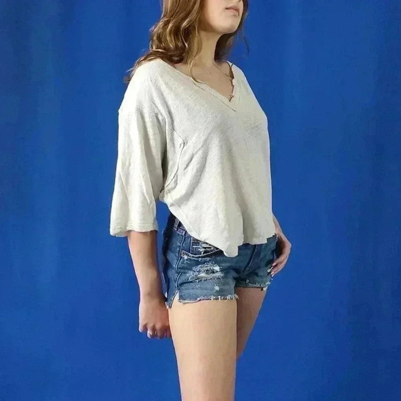Free People Oversized Cream V-Neck 3/4 Sleeve Tee - L - Picture 1 of 11